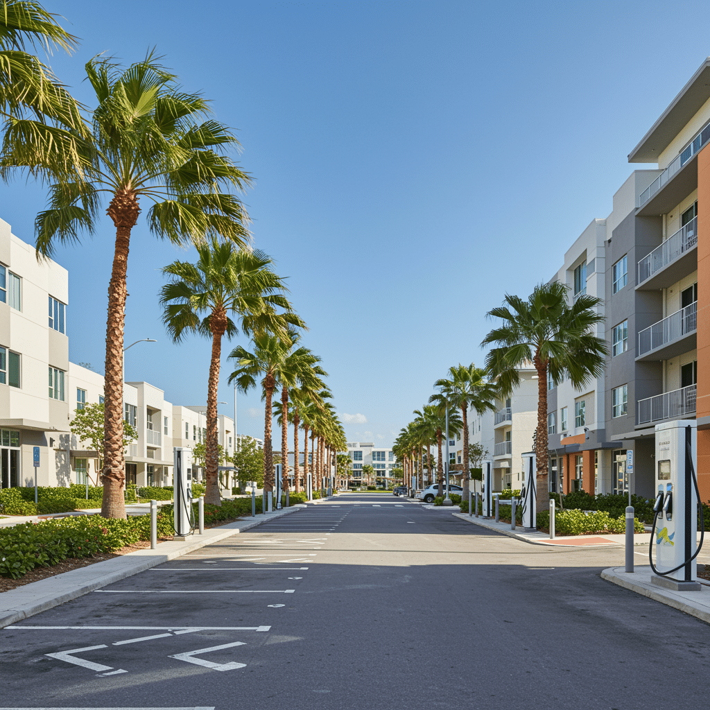 Panoramic view of Fort Lauderdale featuring modern buildings and electric vehicle charging stations in a landscaped parking lot, showcasing Zimmerman Electric’s EV charging solutions at 515 E Las Olas Blvd, Fort Lauderdale, Florida.